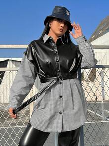 SHEIN EZwear 大尺碼腰帶pu拼接格子外套 - 黑與白 - 查看 3
