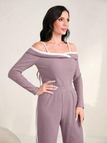 Seusyu Women Two-piece Outfits Rib-Knit Plain Casual - Dusty Pink - View 3