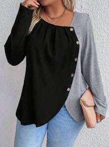 Plus Size Colorblock Button Placket Long Sleeve T-shirt - Black - View 1