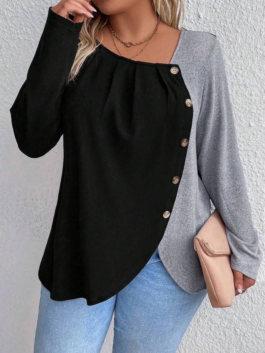 Plus Size Colorblock Button Placket Long Sleeve T-shirt - Black - View 1
