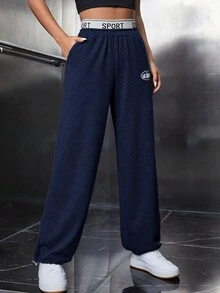 SHEIN PETITE Letter Graphic Contrast Tape Waist Sweatpants - Navy Blue - View 3
