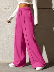 SHEIN EZwear Women's Drawstring Waist Loose Wide Leg Palazzo Pants Graduation,Back To School Outfits,Graduation,Teacher Outfits For Women,Back To School - Hot Pink - View 4