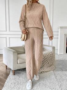 Pariaura Cable Knit Drop Shoulder Sweater & Knit Pants - Khaki - View 5