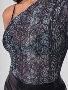 Daniela Ricciardelli Asymmetrical Neck Snakeskin Print Mesh Top Without Bra - Multicolor - View 3