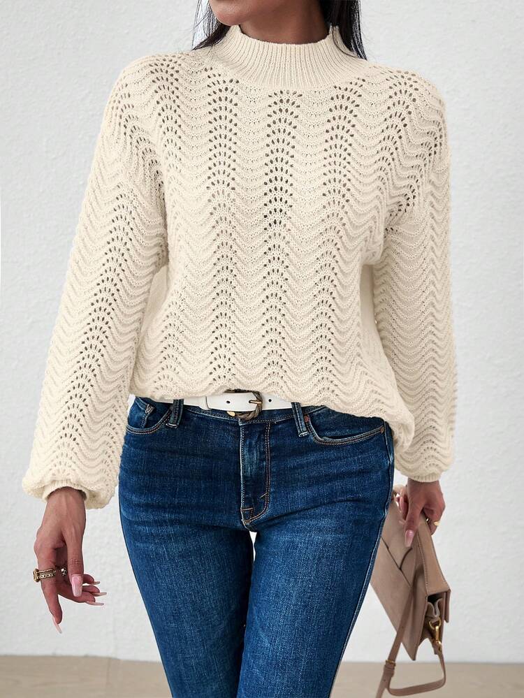 Stand Collar Drop Shoulder Lantern Sleeve Knit Pullover Fall Winter Sweater