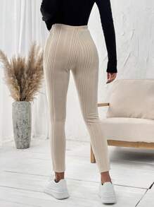 SHEIN LUNE 素色高腰緊身打底褲 - 杏色 - 查看 2