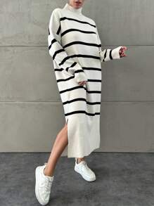 EURMUSE Women's Striped Drop Shoulder Sweater Dress - Black and White - View 3