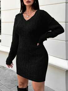 EURMUSE Plus Size Cable Knit Sweater Dress With V-Neckline, For Winter - Black - View 5