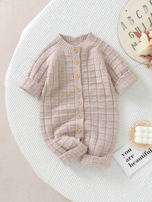 Baby Boy Button Front Raglan Sleeve Sweater Jumpsuit - Apricot - View 1