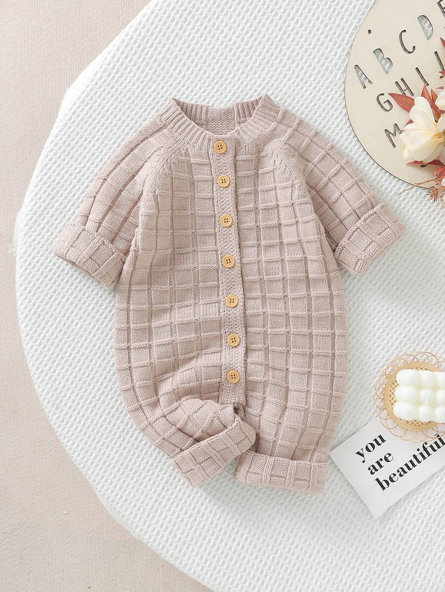 Baby Boy Button Front Raglan Sleeve Sweater Jumpsuit - Apricot - View 1