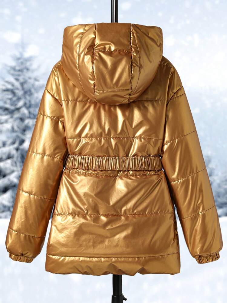 Tween Girls' Windproof And Warm Gold Long Sleeve Hooded Jacket With Waist Bag