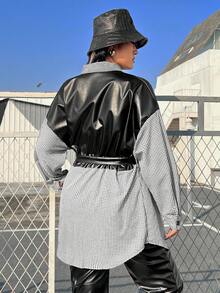 SHEIN EZwear 大尺碼腰帶pu拼接格子外套 - 黑與白 - 查看 2