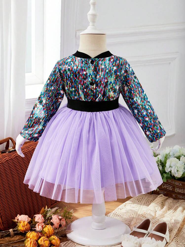 Baby Girl Colorful Sequin Design Dress For Autumn And Winter