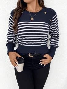 SHEIN Frenchy 大尺碼鈕紋條紋毛衣 - 藍白色 - 查看 1