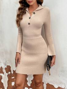 Chiquease Button Up Collar Detail Slit Sleeve And Hem Ribbed Bodycon Dress - Camel - View 3