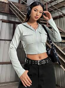 SHEIN Unity Flap Pocket Zip Up Crop Hoodie Pullover Fall Outfit - Grey - View 6