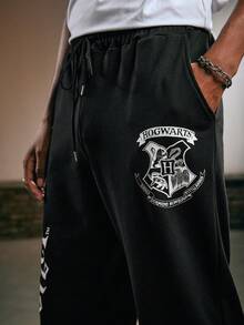 ROMWE MEN Harry Potter | ROMWE Men Letter Print Drawstring Sweatpants - Black - View 6