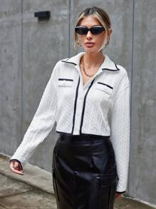 SHEIN Privé Women's Crop T-shirt With Shirt Collar, Color Blocking, Button Placket And Binding Detial - White - View 1