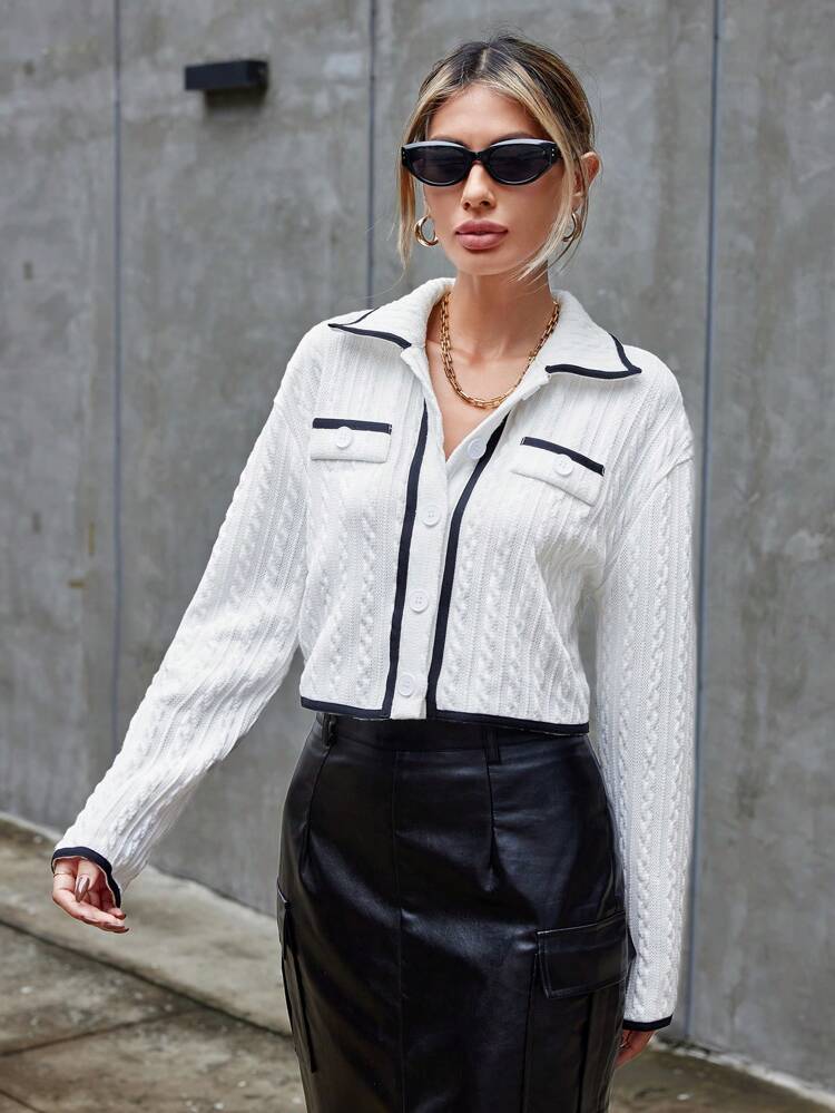 Women's Crop T-shirt With Shirt Collar, Color Blocking, Button Placket And Binding Detial