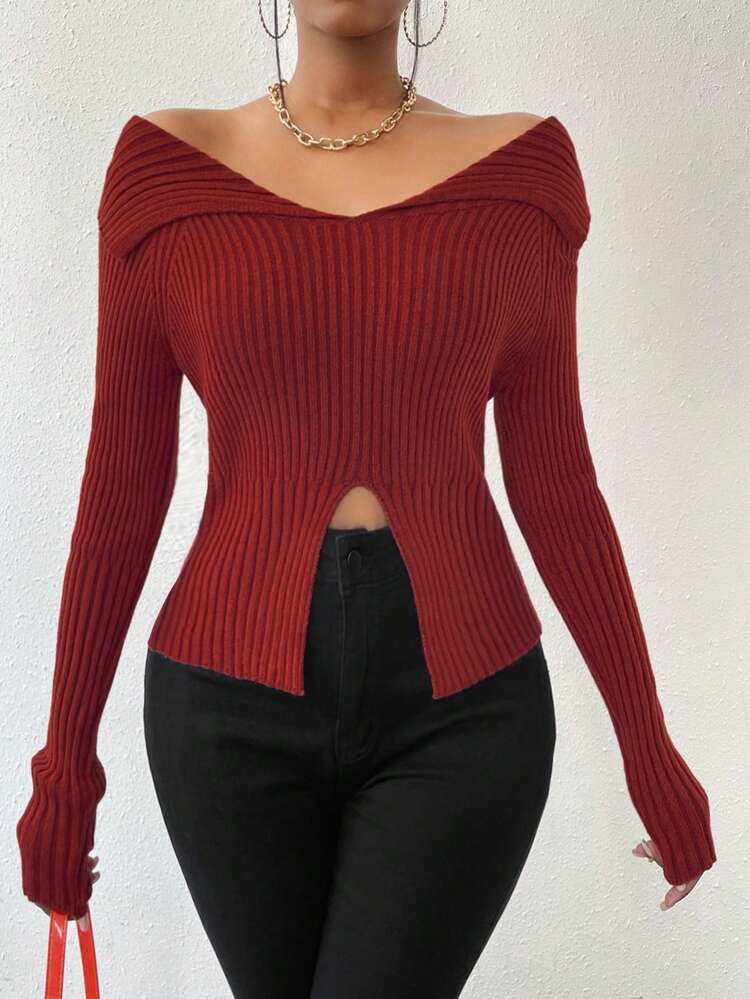 Collared Sweater With Raglan Sleeve And Asymmetric Hemline Knit Pullover Fall Winter Sweater