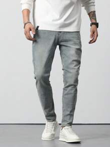Manfinity Homme Men Cotton Bleach Wash Ripped Skinny Jeans Slim Fit Long Washed Light Jean Cargo Plain Blue Work Business Casual Husband