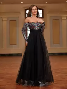 SHEIN Belle 女士閃亮亮鱗片人魚晚禮服,露肩設計,優雅的舞會禮服 - 黑色 - 查看 3