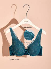 LUVLETTE Plus Lingerie Lounge Curve Velvet Lace Plunge Lightly Lined Bra - Dark Green - View 3