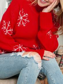 Suéter feminino de malha vermelha com floco de neve e manga comprida, blusa de Natal - Vermelho - Ver 5