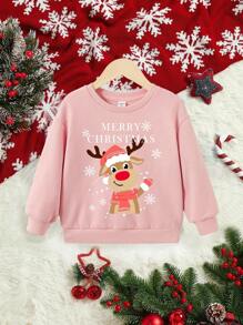 SHEIN 小女孩休閒聖誕圖案長袖圓領運動衫,適合秋冬 - 粉色 - 查看 1
