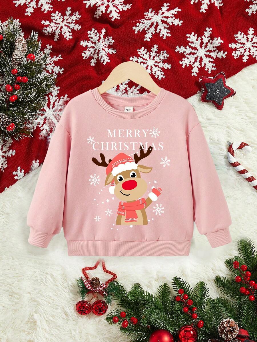 SHEIN 小女孩休閒聖誕圖案長袖圓領運動衫,適合秋冬 - 粉色 - 查看 1