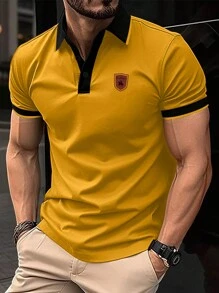 Manfinity Homme 男士拼色時尚短袖polo衫(袖袋隨機剪裁) - 芥末黃 - 查看 1