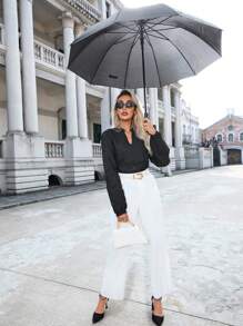 Aveloria 秋季休闲纯色随机镂空刺绣缺口领长袖衬衫 - 黑色 - 查看 5