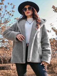 SHEIN Essnce 女式帶斜口袋帽t長袖外套 - 深灰色 - 查看 6