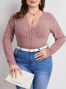 SHEIN Frenchy 大尺碼蕾絲邊 T 卹 - 藕粉色 - 查看 1