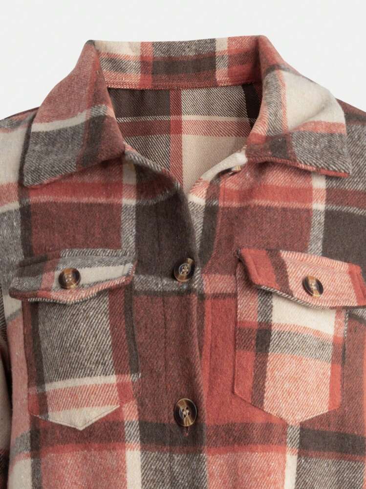 SHEIN Tween Girl Plaid Print Flap Pocket Coat - Multicolor - View 3