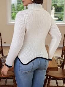 Calvaya Áo len cổ cao tay raglan viền tương phản, kiểu dáng chui đầu, thích hợp cho mùa thu đông. - Màu be - Xem 2