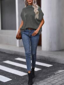 SHEIN Clasi Solid Color Stand Collar Batwing Sleeve Sweater Vest - Grey - View 3