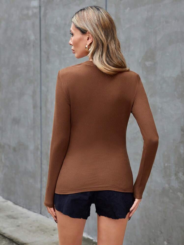 SHEIN Essnce Women's Solid Color Hollow-out T-shirt - Coffee Brown - View 3
