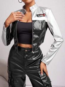 SHEIN PETITE Letter Patched Colorblock Zip Up Crop PU Leather Jacket - Silver - View 5