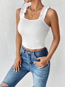 SHEIN Essnce Solid Frill Trim Wide Straps Top - White - View 5