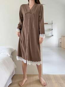 DAZY Women's Patchwork Lace Button Up Robe - Brown - View 3