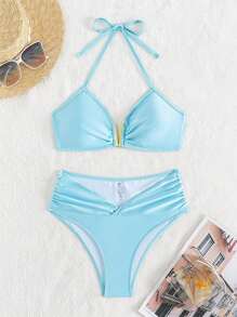 Swim Mod Conjunto de bikini de dos piezas de unicolor con tirantes cruzados y fruncido para playa de verano - Azul menta - Ver 3