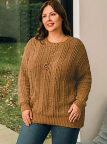EMERY ROSE Plus Size Drop Shoulder Sweater Pullover - Brown - View 1