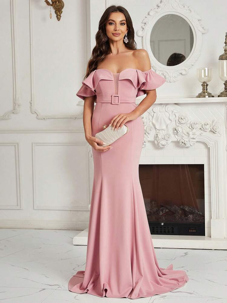 Off Shoulder Ruffle Detail Belted Mermaid Hem Women's Evening Gown