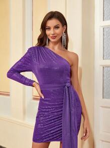 SHEIN Belle Vestido De Cóctel Con Lentejuelas Y Un Hombro Descubierto Con Cinturón