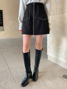 Dazy Star 撞色缝线拉链裙秋季 - 黑色 - 查看 4