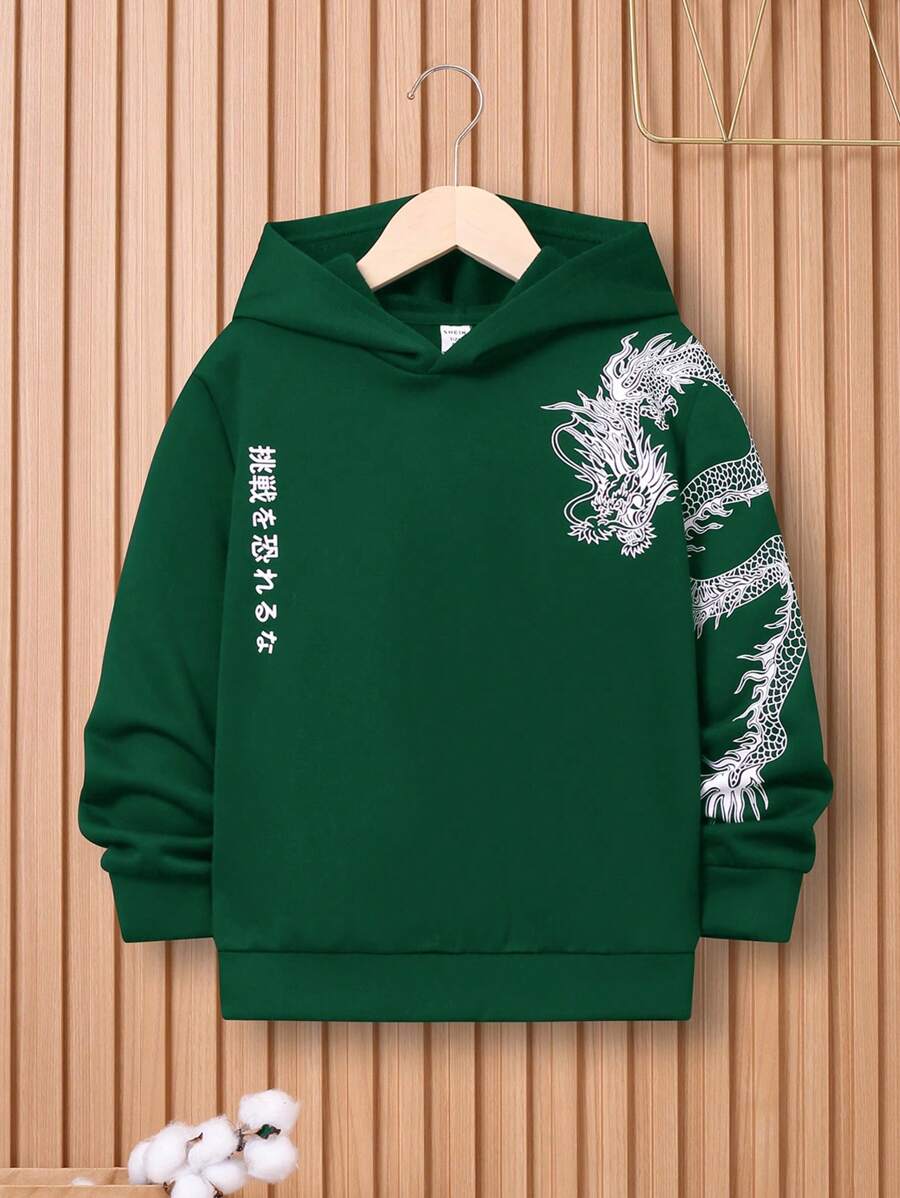 SHEIN Áo nỉ in hình chữ Nhật và rồng Trung Quốc dành cho bé trai tuổi teen. - màu xanh lá - Xem 1