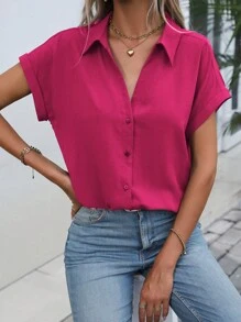 SHEIN LUNE Blusa De Manga Corta Con Alas De Murciélago Para Mujer - Rosa Fucsia - Ver 6