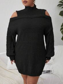 SHEIN Clasi Women's Plus Size High Neck Shoulder Cut-out Solid Color Sweater Dress - Black - View 4