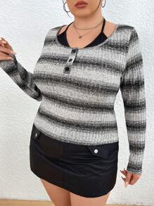 Flirla Hơn In sọc Nút Nửa Áo thun - Xám - Xem 4